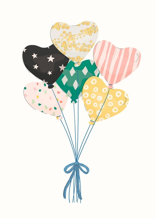 Six patterned heart-shaped balloons in black, gold, coral, pink and green tied with a blue ribbon