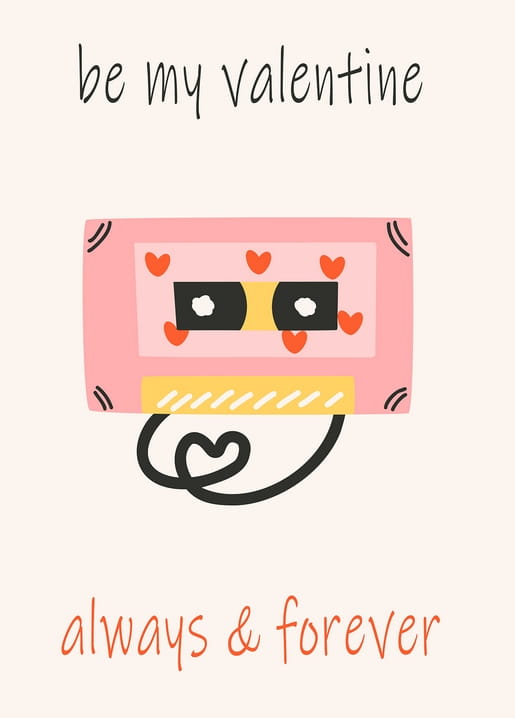 Rosa Kassette mit kleinen Herzen und der Aufschrift „be my valentine, always & forever“