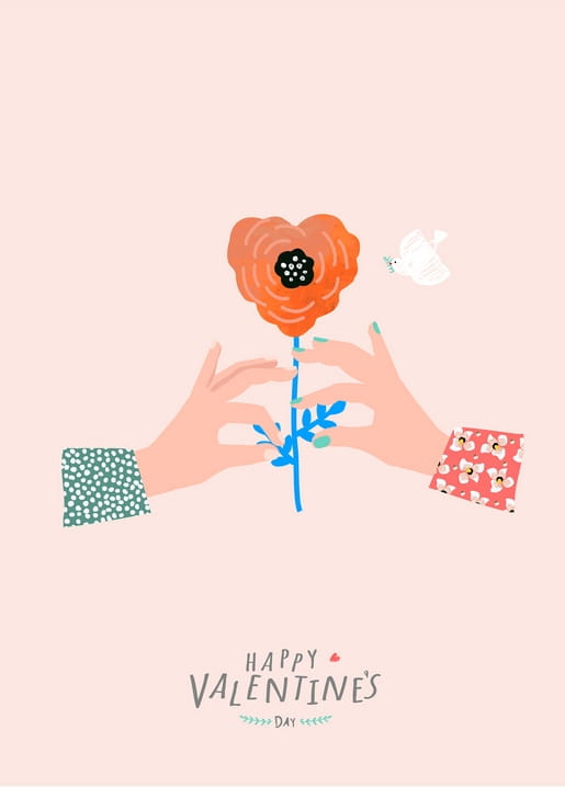 Zwei Hände reichen sich eine herzförmige Blume, daneben fliegt eine weiße Taube auf einer rosa Valentinstagskarte