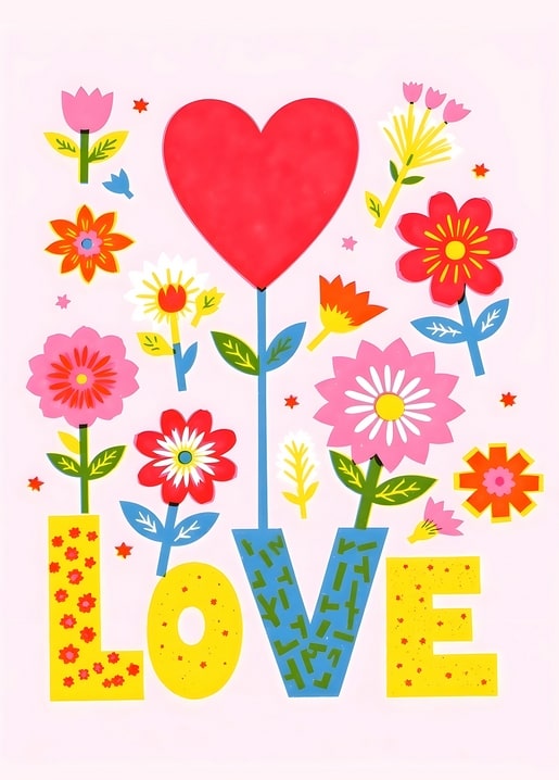 Flache Illustration: rotes Herz, bunte Blumen und Schriftzug „LOVE“
