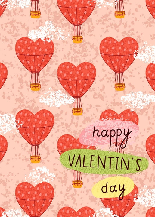 Muster aus herzförmigen Heißluftballons zwischen Wolken mit buntem Schriftzug „Happy Valentine's Day“