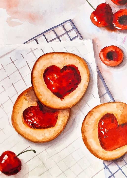 Aquarellmalerei herzförmiger Marmeladenkekse auf karierter Serviette mit frischen Kirschen