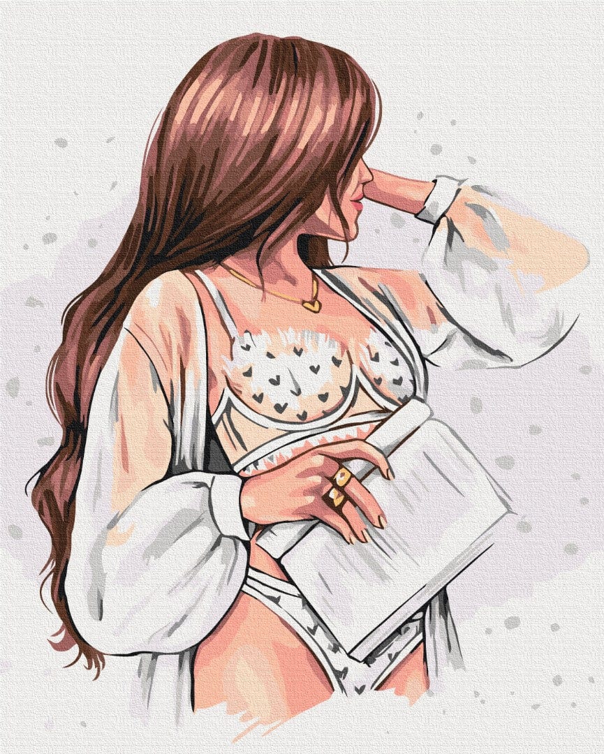 Modeillustration einer Frau im Morgenmantel mit Herzchen-Print und goldenem Ring