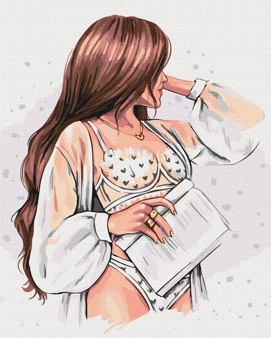 Modeillustration einer Frau im Morgenmantel mit Herzchen-Print und goldenem Ring