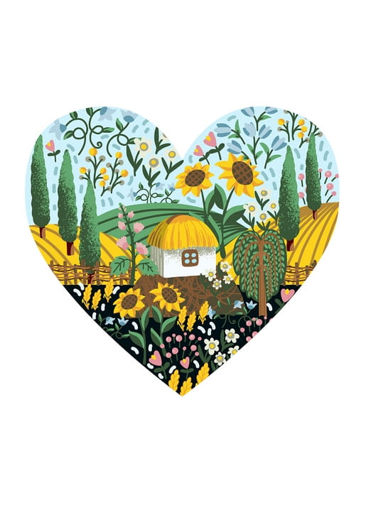 Herzförmige Postkarte mit ukrainischem Dorf, Sonnenblumen und Weizenfeldern
