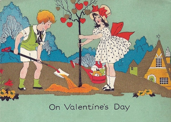 Vintage illustration of a boy and girl planting a tree hung with red hearts on Valentine's Day