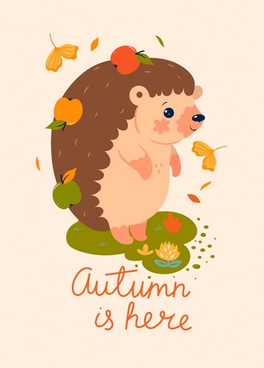 A hedgehog carrying apples on its back beside a butterfly and the words Autumn is here
