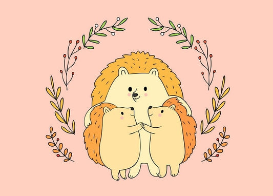 Big hedgehog hugging two baby hedgehogs inside a wreath of autumn branches and berries