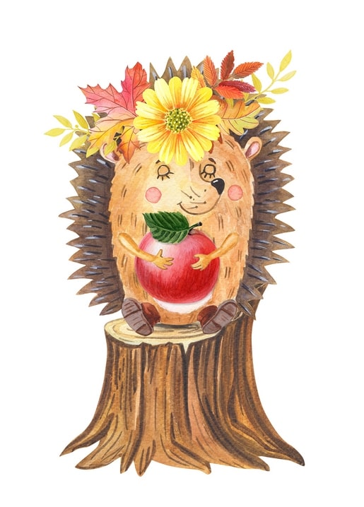 Watercolor hedgehog in a flower crown hugging a red apple on a tree stump