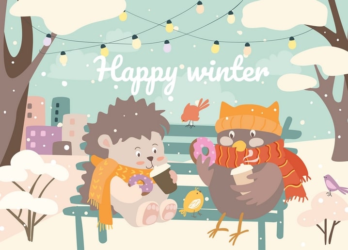 Illustration von Igel und Eule mit Schals, die auf einer verschneiten Parkbank Donuts und Kaffee teilen