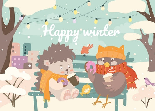 Illustration von Igel und Eule mit Schals, die auf einer verschneiten Parkbank Donuts und Kaffee teilen
