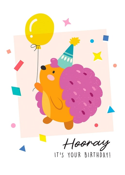 Illustrated hedgehog in a party hat holding a yellow balloon among confetti, with Hooray it's your birthday text