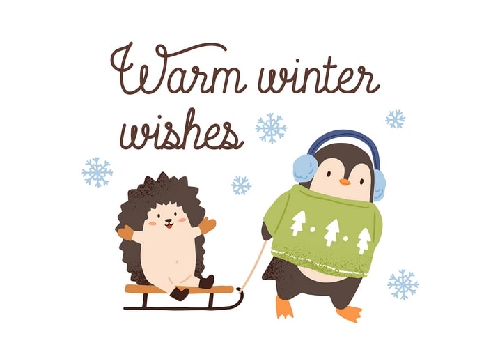 Igel fährt Schlitten, gezogen von einem Pinguin im grünen Pullover, Schneeflocken ringsum