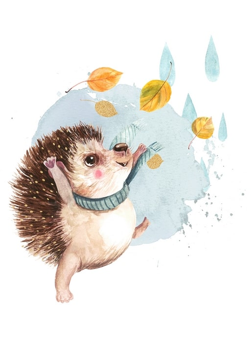 Hedgehog in a teal scarf leaping after falling autumn leaves in light rain