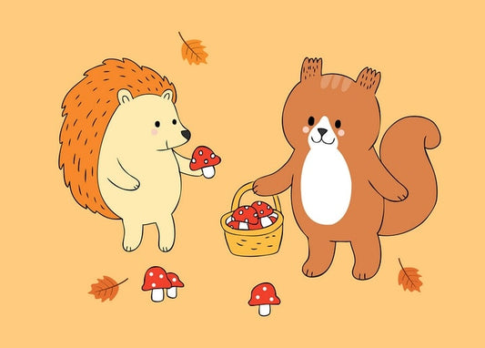 Hedgehog and squirrel gathering mushrooms into a basket