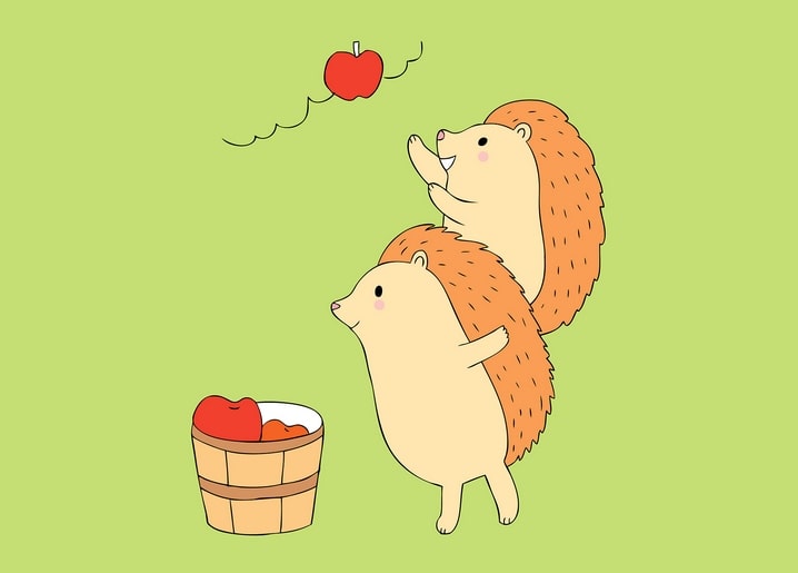 Two cartoon hedgehogs picking apples, one throwing fruit to the other beside a full basket