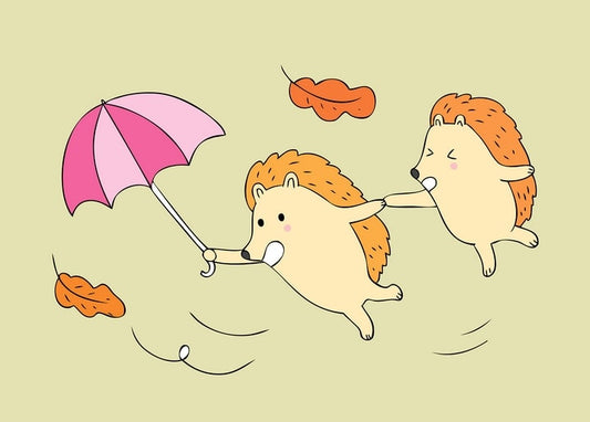 Two cartoon hedgehogs tumbling through autumn wind, one holding a pink striped umbrella, leaves flying past.