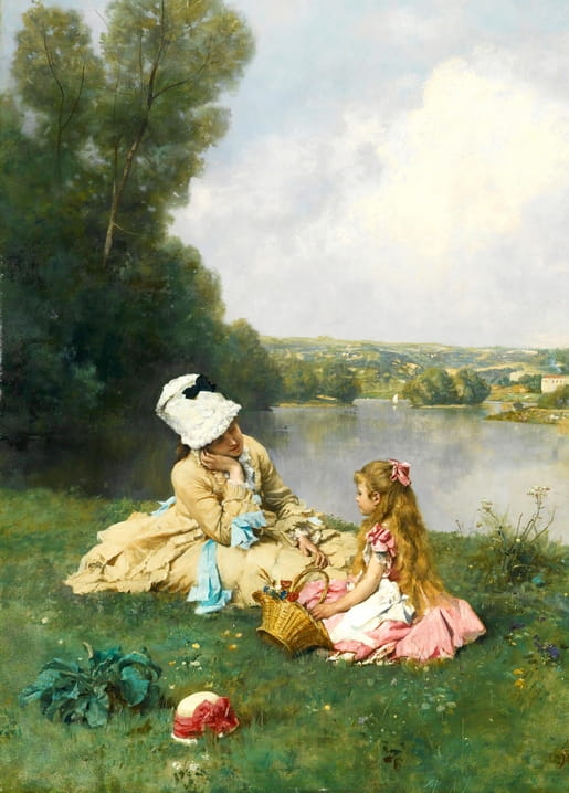 Mother and daughter sitting by a riverbank near Giverny with a picnic basket and sun hats in the grass