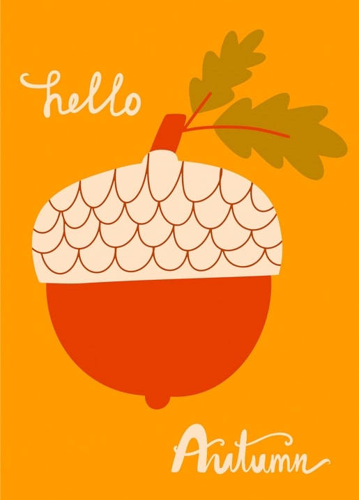 Illustrated acorn with hand-lettered Hello Autumn greeting on an orange background