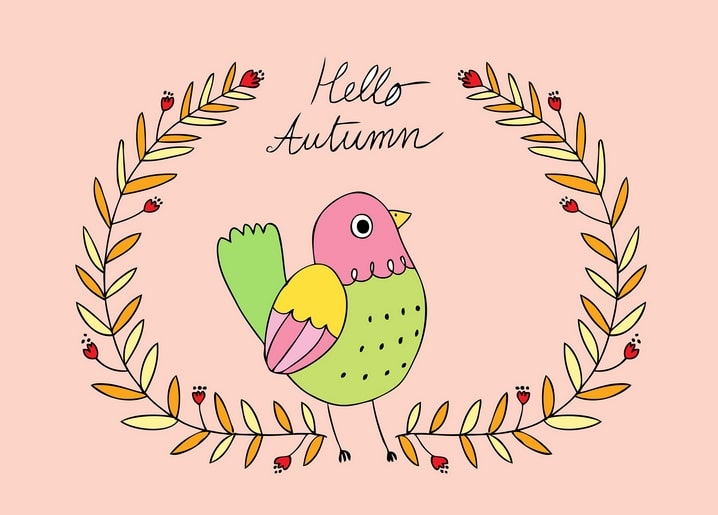 Illustrated pink and green bird inside a wreath of autumn leaves and berries, with a Hello Autumn greeting.