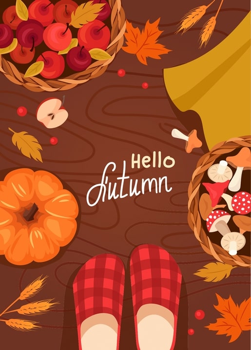 Top-down autumn flat lay with plaid slippers, pumpkin, apple and mushroom baskets, and 'Hello Autumn' lettering
