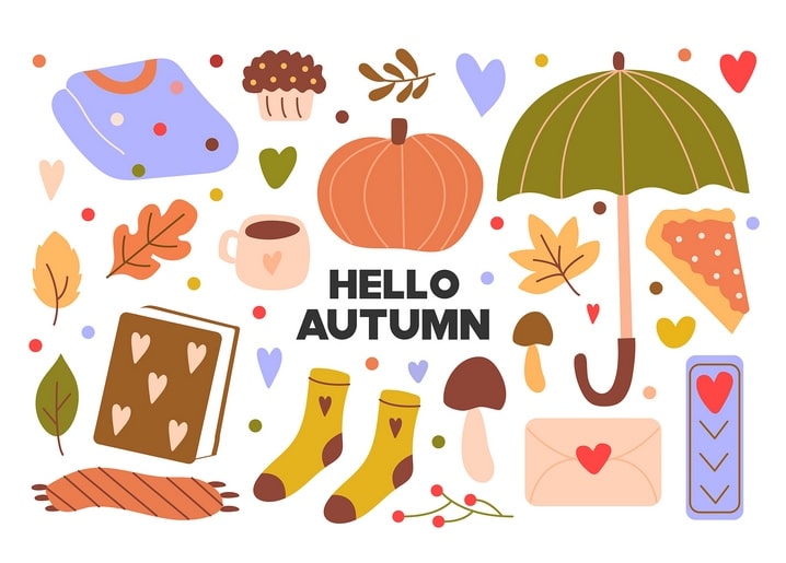 Flat autumn icon collage with Hello Autumn lettering, pumpkin, umbrella, coffee and socks