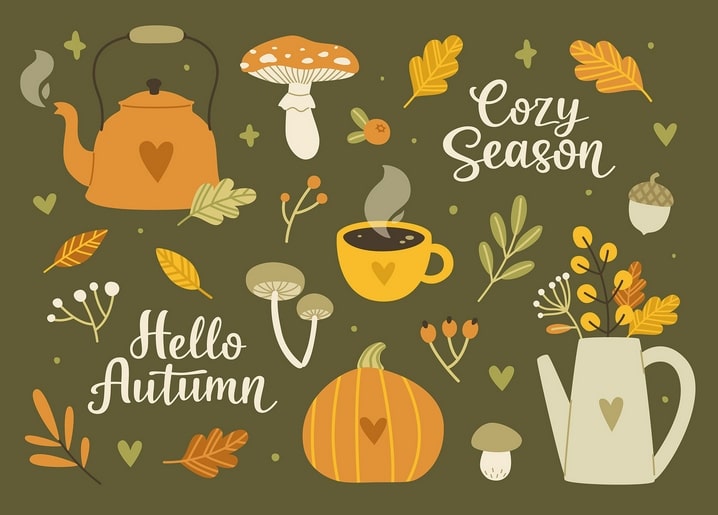 Illustration of a kettle, pumpkin and mushroom around the words Hello Autumn