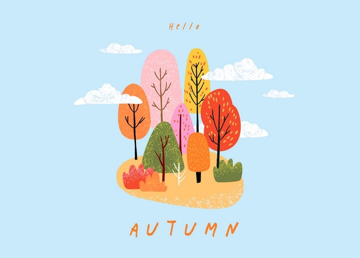 Textured pink, gold, and orange autumn trees on a hill with clouds and "Hello Autumn" lettering