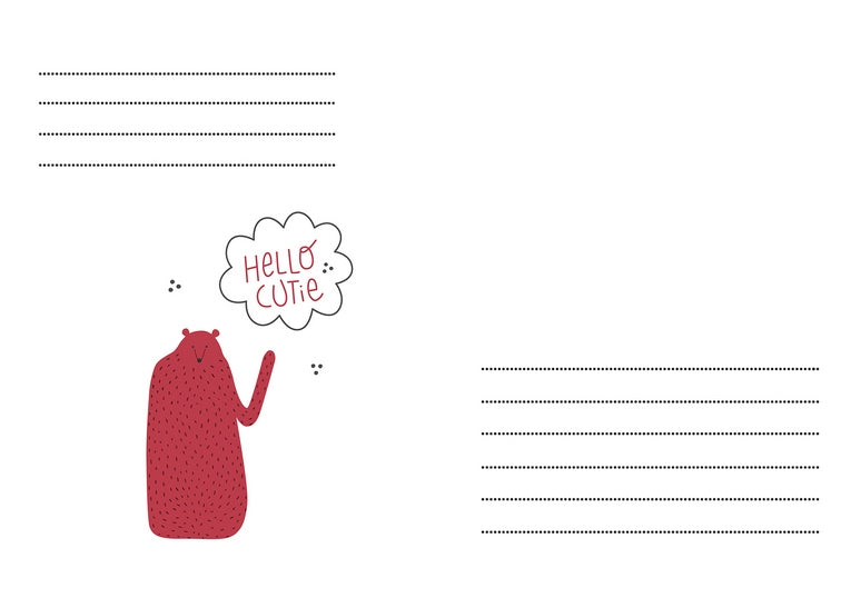 Roter Bär winkt neben einer Sprechblase mit der Aufschrift Hello Cutie