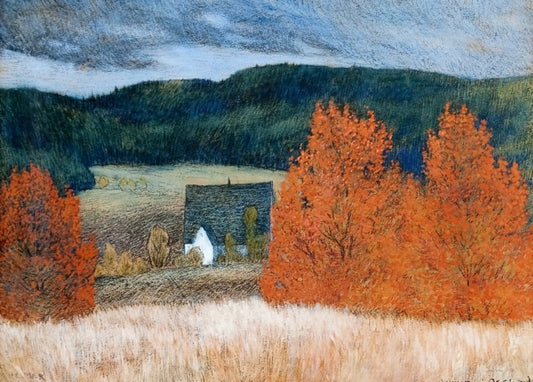 Autumn landscape with orange trees and a small white house in Jämtland, Sweden, by Helmer Osslund