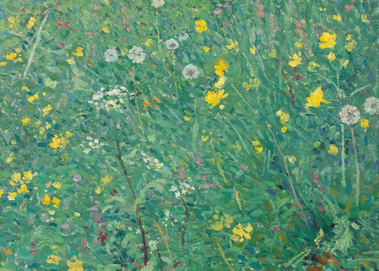 Impressionist painting of a wildflower meadow with buttercups, daisies and dandelions by Henri Martin