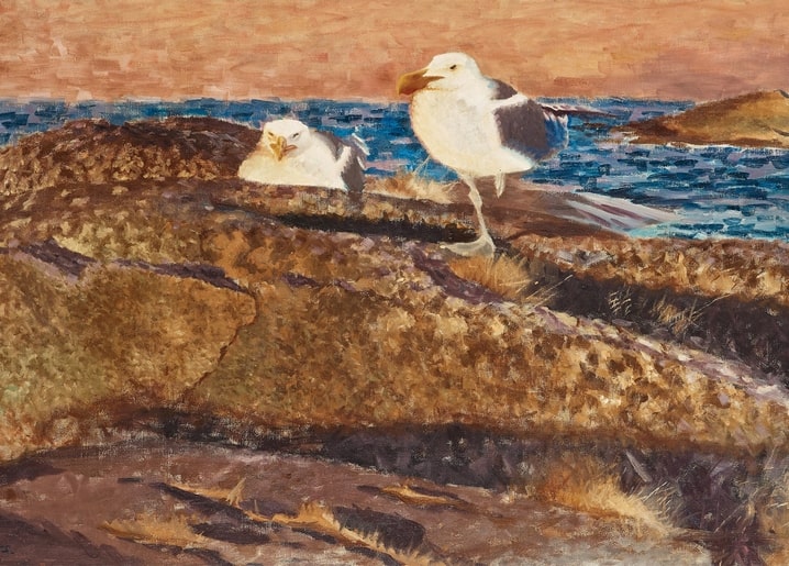 Bruno Liljefors painting of two herring gulls resting on rocky coastal cliffs with the sea behind