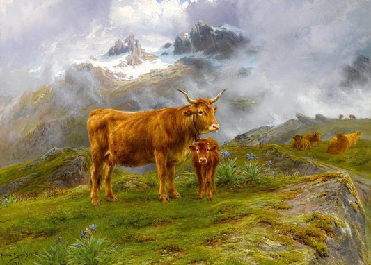 Highland cow and calf on a misty alpine ridge, painting by Rosa Bonheur
