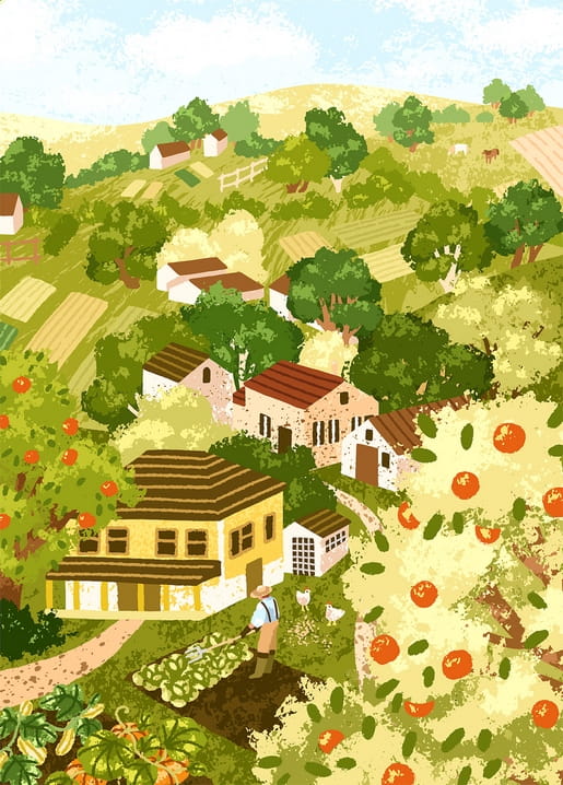 Illustration eines Dorfs am Hang mit Orangenhainen und einem Bauern im Gemüsegarten