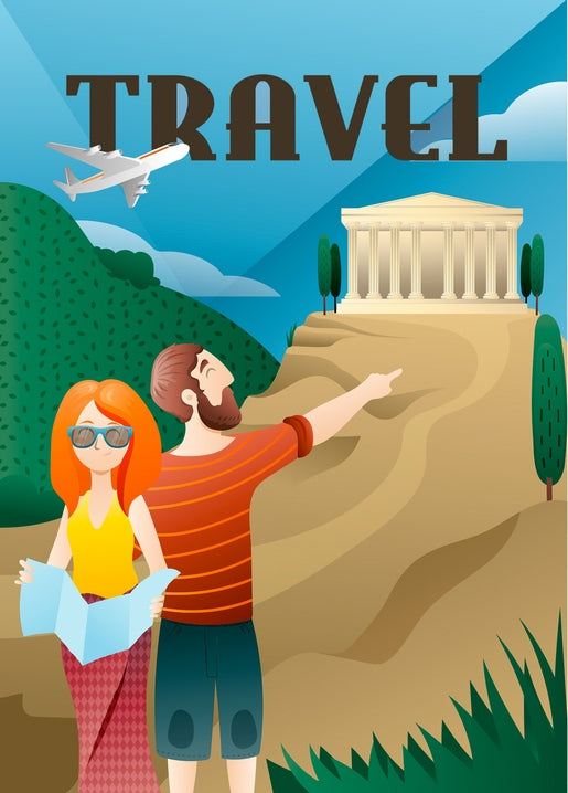 Illustriertes Reiseposter mit zwei Reisenden, die auf einen Tempel auf einem Hügel zeigen, während ein Flugzeug vorbeifliegt