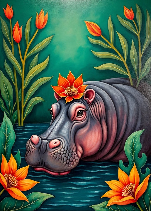 Illustriertes Nilpferd im Wasser mit orangefarbener Blüte auf dem Kopf zwischen hohen Blüten