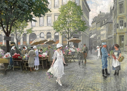 Regennasser Blumenmarkt am Hojbro-Platz in Kopenhagen mit Schirmen und einem Polizisten