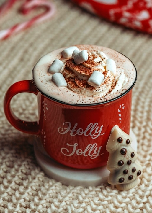 Red mug of hot cocoa with marshmallows and cinnamon beside a white chocolate tree and candy canes