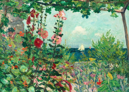 Post-Impressionist painting of hollyhocks and a sea view near Belle-Île-en-Mer by Maxime Maufra