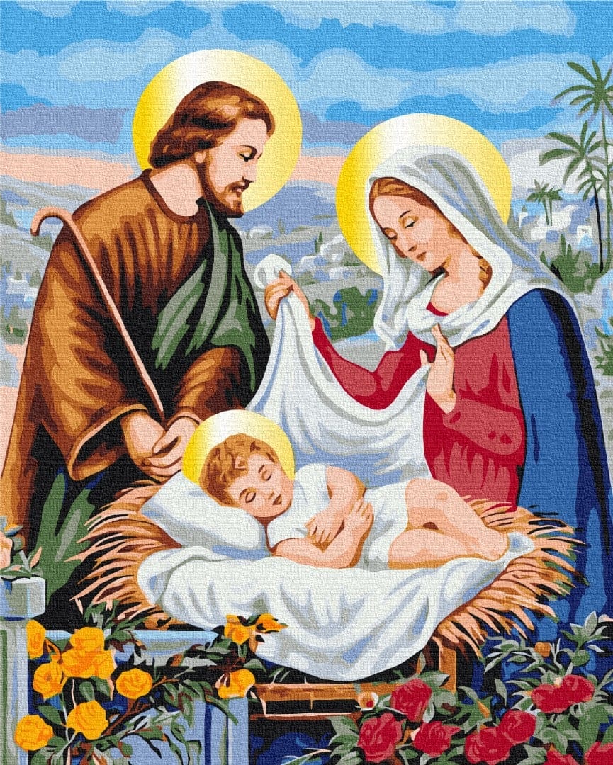 Joseph and Mary with baby Jesus in a manger, surrounded by roses and palm trees