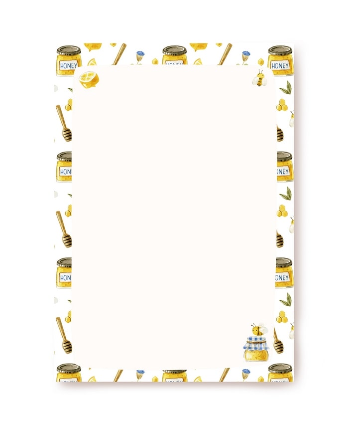 Watercolor honey jars, lemon slice, and bee border on blank A5 writing paper