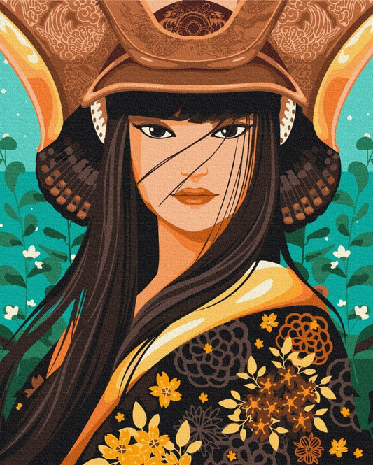Illustrierte Prinzessin mit Hörner-Kabuto-Helm und blumigem Kimono vor türkisfarbenem Hintergrund