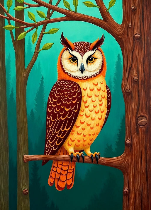 Illustrierter Uhu auf einem Ast vor türkisfarbenem Dämmerwald, Kunst von AnniKa