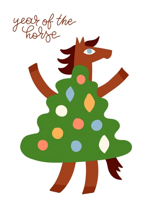 Cartoon-Pferd im Weihnachtsbaum-Kostüm mit Schriftzug „Year of the Horse"