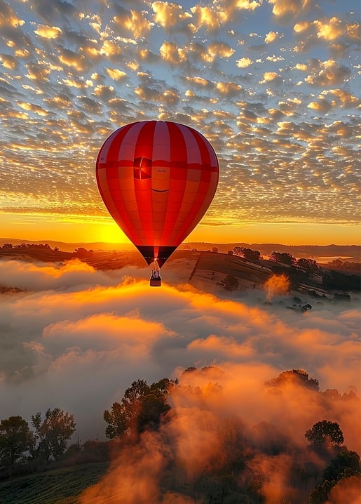 Red hot air balloon rising above fog-covered hills at golden sunset
