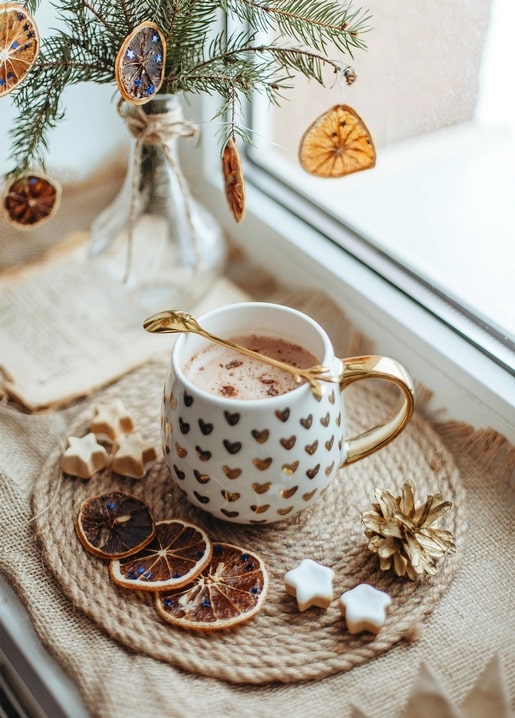 Heart-patterned mug of hot chocolate on a windowsill with dried orange slices and star cookies
