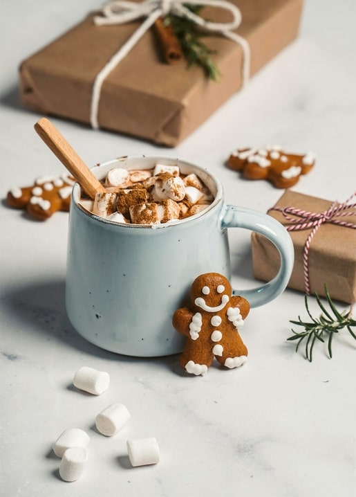 Mug of hot cocoa with marshmallows beside a gingerbread man and wrapped Christmas gifts