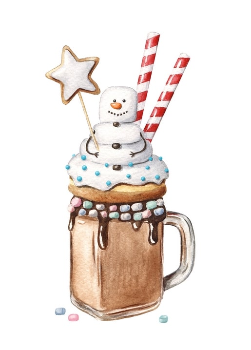 Mug of hot chocolate topped with whipped cream, a marshmallow snowman and striped straws