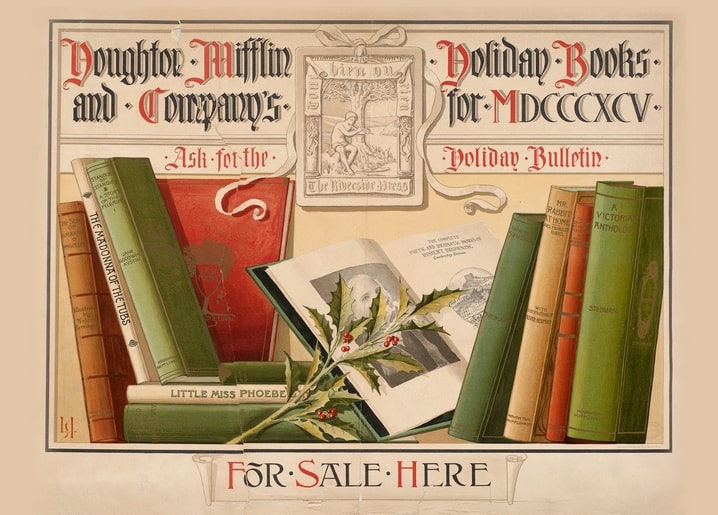 Вінтажна реклама 1895 року святкових книг Houghton Mifflin з гілочкою гостролиста