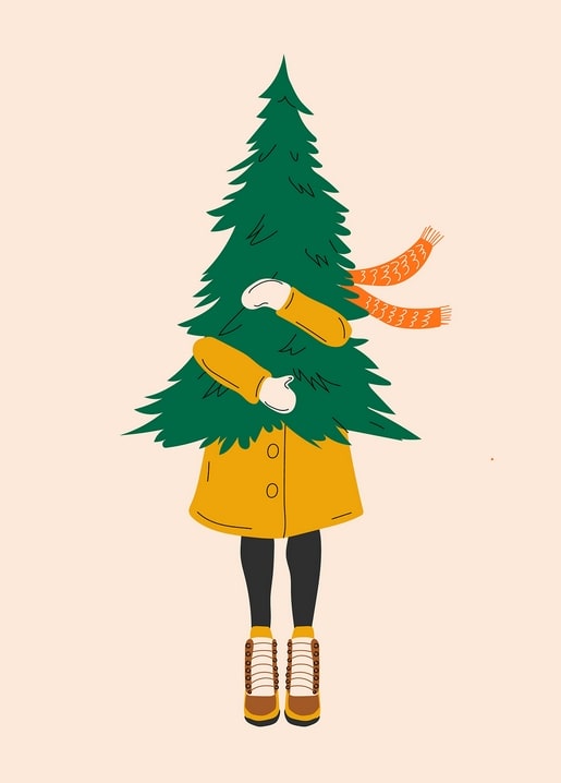 Person in a yellow coat hugging a large Christmas tree with an orange scarf trailing